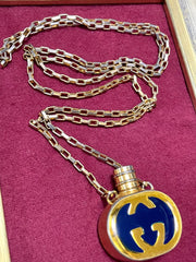 W2 80’s vintage Gucci golden chain long necklace with navy motif perfume bottle. Rare Gucci vintage jewelry. 050527ya1