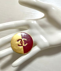Vintage CHANEL red and gold round CC brooch. Hat, scarf, jacket. Great gift. 050619ya