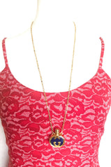 W2 80’s vintage Gucci golden chain long necklace with navy motif perfume bottle. Rare Gucci vintage jewelry. 050527ya1