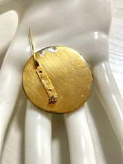 Vintage CHANEL red and gold round CC brooch. Hat, scarf, jacket. Great gift. 050619ya