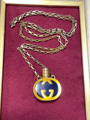 W2 80’s vintage Gucci golden chain long necklace with navy motif perfume bottle. Rare Gucci vintage jewelry. 050527ya1