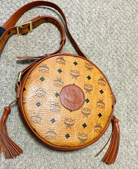 Vintage MCM brown monogram round Suzy Wong shoulder bag with brown leather trimmings. Designed by Michael Cromer. Unisex. 050715ya1