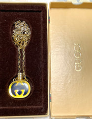 W2 80’s vintage Gucci golden chain long necklace with navy motif perfume bottle. Rare Gucci vintage jewelry. 050527ya1