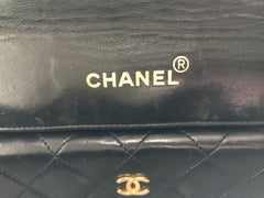 Vintage Chanel black leather 2.55 chain large shoulder bag with white trimming edge and a matching pouch. 0403284