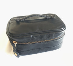 Vintage CHANEL calfskin classic cosmetic and toiletry black pouch, vanity bag with CC charm. Classic make up case. 0506301