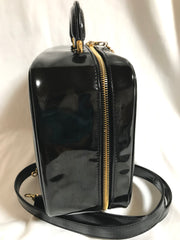 Vintage CHANEL patent enamel vanity bag, lunchbox shape shoulder bag with large CC stitch motif. 050320r5