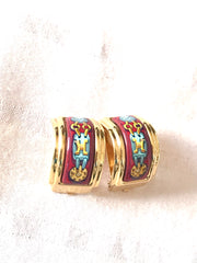 Vintage Hermes cloisonne golden earrings with red and yellow chain, medal charm, H logo jewelry print design. Great gift idea.