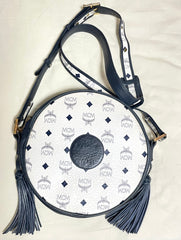 Vintage MCM navy and white monogram round shape Suzy Wong shoulder bag with leather trimmings. West Germany. By Michael Cromer. 0410134