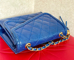 MINT. Vintage CHANEL blue genuine lizard leather double envelop style flap shoulder purse with golden chain strap and tassel. 050225ac1