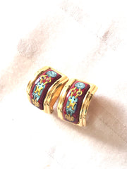Vintage Hermes cloisonne golden earrings with red and yellow chain, medal charm, H logo jewelry print design. Great gift idea.