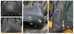 Vintage MCM black bolide style bag with gold tone metal studded charms. Rare masterpiece purse for unisex use. Phenomenon
