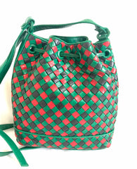 Vintage Bottega Veneta intrecciato woven green, red, and black leather hobo bucket, shoulder bag. Rare intrecciato purse back in the era.