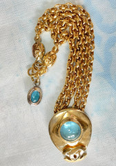 Vintage CHANEL statement necklace with gripoix blue stone and CC mark top. Double chain necklace. 0407282