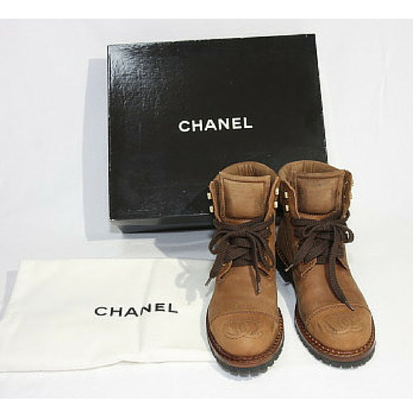 CHANEL middle high, brown leather boots, hiking lace up – ***where you can find your designer vintages.....authentic, affordable, and lovable....