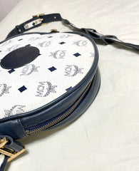 Vintage MCM navy and white monogram round shape Suzy Wong shoulder bag with leather trimmings. West Germany. By Michael Cromer. 0410134