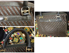 Vintage Bally darkbrown and khaki smooth and suede leather woven combination handbag purse with golden B logo motif. 050323re2