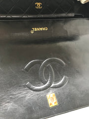 Vintage Chanel black leather 2.55 chain large shoulder bag with white trimming edge and a matching pouch. 0403284