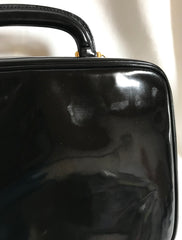 Vintage CHANEL patent enamel vanity bag, lunchbox shape shoulder bag with large CC stitch motif. 050320r5