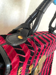 Vintage Roberta di Camerino red and black velvet chevron kelly handbag with golden logo motif. Rare masterpiece purse. 0501101ac