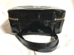 Vintage CHANEL patent enamel vanity bag, lunchbox shape shoulder bag with large CC stitch motif. 050320r5