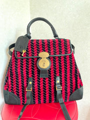 Vintage Roberta di Camerino red and black velvet chevron kelly handbag with golden logo motif. Rare masterpiece purse. 0501101ac