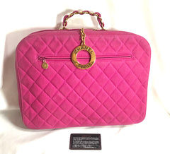 Vintage CHANEL pink canvas business bag style handbag with golden chain handle and a logo charm. Rare and collectible piece.