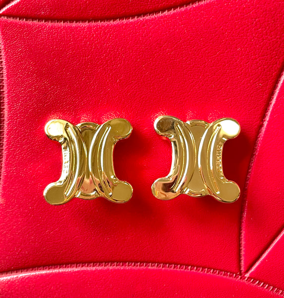 W1 MINT. Vintage Celine golden extra large maillon triomphe logo earrings.  Gorgeous Celine jewelry. 050326rc1