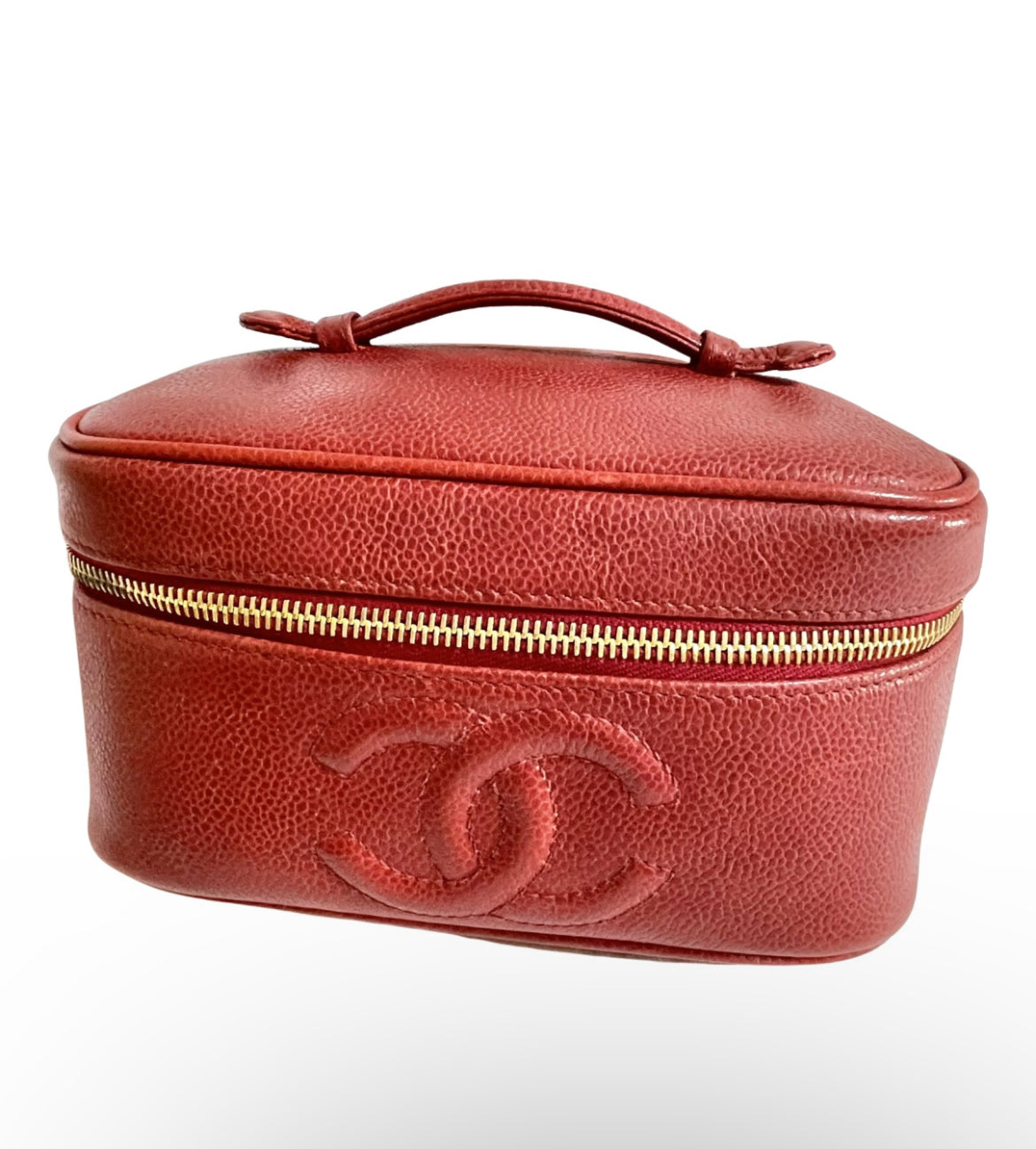 Vintage CHANEL lipstick red caviar leather cosmetic and toiletry pouch, makeup case bag. Very chic vanity purse. Must have. 0411112