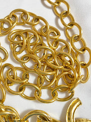 Vintage CHANEL golden oval hoop chain necklace with large CC logo pendant top. 0408248