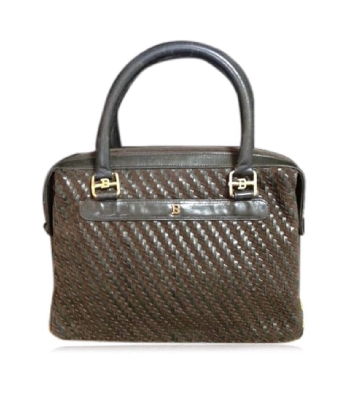 Vintage Bally darkbrown and khaki smooth and suede leather woven combination handbag purse with golden B logo motif. Back in the 70's