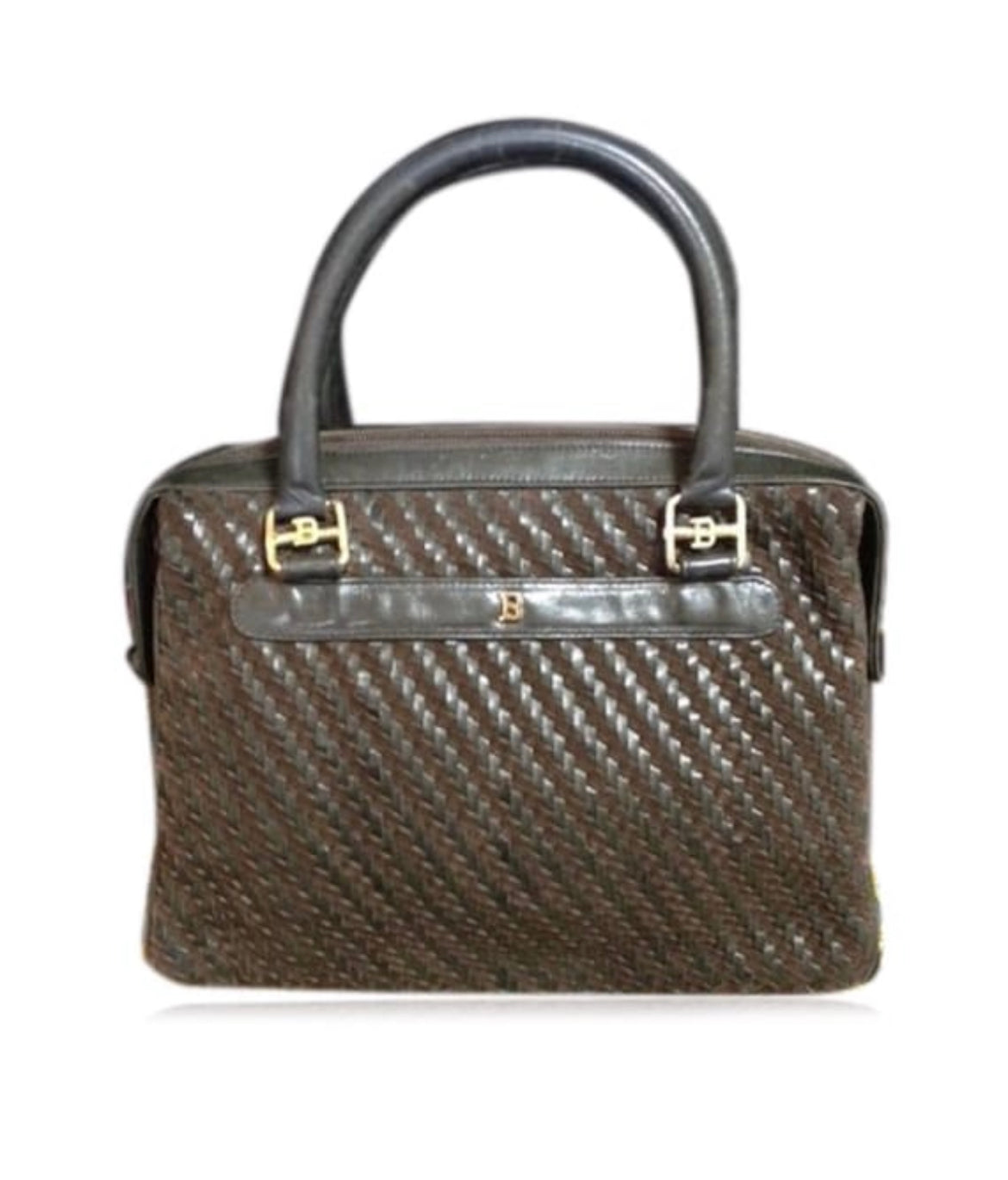 Vintage Bally darkbrown and khaki smooth and suede leather woven combination handbag purse with golden B logo motif. 050323re2