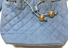 Vintage CHANEL blue quilted canvas and leather combo hobo bucket shoulder bag with drawstrings and golden CC mark balls. 060905r3