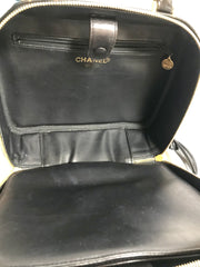 Vintage CHANEL patent enamel vanity bag, lunchbox shape shoulder bag with large CC stitch motif. 050320r5