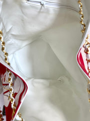 MINT. Vintage CHANEL red and white canvas large hobo shoulder bag with supermodel print and CC charm. Mademoiselle. 0407231
