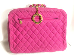 Vintage CHANEL pink canvas business bag style handbag with golden chain handle and a logo charm. Rare and collectible piece.