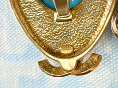 Vintage CHANEL statement necklace with gripoix blue stone and CC mark top. Double chain necklace. 0407282