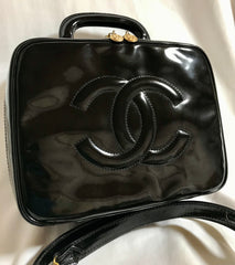 Vintage CHANEL patent enamel vanity bag, lunchbox shape shoulder bag with large CC stitch motif. 050320r5