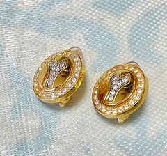 MINT. Vintage Yves Saint Laurent golden Y logo round earring with crystals. Must have classic jewelry piece. 0410061
