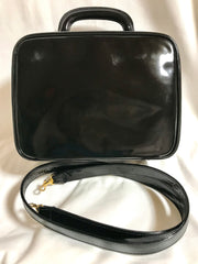 Vintage CHANEL patent enamel vanity bag, lunchbox shape shoulder bag with large CC stitch motif. 050320r5