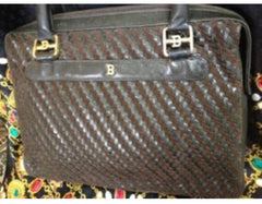 Vintage Bally darkbrown and khaki smooth and suede leather woven combination handbag purse with golden B logo motif. 050323re2
