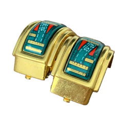 Vintage Hermes cloisonne golden earrings with green and red. Hermes ribbon. Great gift idea.0410281