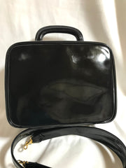 Vintage CHANEL patent enamel vanity bag, lunchbox shape shoulder bag with large CC stitch motif. 050320r5