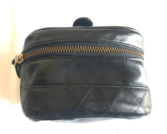 Vintage CHANEL calfskin classic cosmetic and toiletry black pouch, vanity bag with CC charm. Classic make up case. 0506301