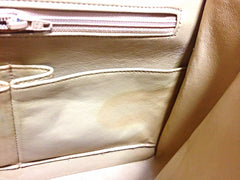 Vintage CHANEL beige color lambskin double flap 2.55 shoulder bag with golden chain strap. Must have medium size purse.