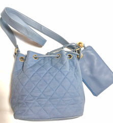 Vintage CHANEL blue quilted canvas and leather combo hobo bucket shoulder bag with drawstrings and golden CC mark balls. 060905r3