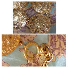 Vintage CHANEL rare statement necklace with logo embossed unique coin motif charms. Gorgeous masterpiece jewelry back in the old era.