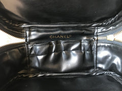 Vintage CHANEL calfskin classic cosmetic and toiletry black pouch, vanity bag with CC charm. Classic make up case. 0506301