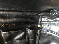 Vintage CHANEL calfskin classic cosmetic and toiletry black pouch, vanity bag with CC charm. Classic make up case. 0506301