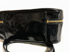Vintage CHANEL patent enamel vanity bag, lunchbox shape shoulder bag with large CC stitch motif. 050320r5
