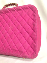 Vintage CHANEL pink canvas business bag style handbag with golden chain handle and a logo charm. Rare and collectible piece.